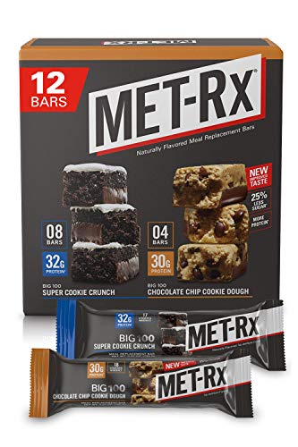 MET-Rx Big 100 Protein Bars, Meal Replacement Bars, Variety Pack - Super Cookie Crunch and Chocolate Chip Cookie Dough Bars, 12 Count, 3.52 Oz.